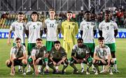 6 September 2024; Republic of Ireland players, back row, from left, Sean Roughan, Anselmo García MacNulty, Connor O'Riordan, Goalkeeper Joshua Keeley, James Abankwah and Sinclair Armstrong, with, front row, from left, Matthew Healy, Sam Curtis, Joe Hodge, Aidomo Emakhu and Andrew Moran during the UEFA European U21 Championship qualifier match between Turkiye and Republic of Ireland at Esenler Stadium in Istanbul, Turkey. Photo by Gokhan Kilincer/Sportsfile