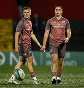 6 September 2024; Luca Cleary, left, and Gordon Wood of Munster during the pre-season friendly match between Munster and Gloucester at Virgin Media Park in Cork. Photo by Brendan Moran/Sportsfile