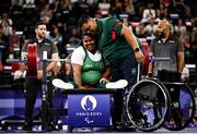 7 September 2024; Britney Arendse of Ireland with coach and father Denver Arendse during the women's 79kg final on day ten of the Paris 2024 Paralympic Games at Porte de la Chapelle Arena in Paris, France. Photo by Harry Murphy/Sportsfile