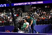 7 September 2024; Britney Arendse of Ireland with coach and father Denver Arendse during the women's 79kg final on day ten of the Paris 2024 Paralympic Games at Porte de la Chapelle Arena in Paris, France. Photo by Harry Murphy/Sportsfile