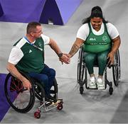 7 September 2024; Britney Arendse of Ireland with coach Roy Guerin during the women's 79kg final on day ten of the Paris 2024 Paralympic Games at Porte de la Chapelle Arena in Paris, France. Photo by Harry Murphy/Sportsfile
