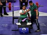 7 September 2024; Britney Arendse of Ireland with coach and father Denver Arendse during the women's 79kg final on day ten of the Paris 2024 Paralympic Games at Porte de la Chapelle Arena in Paris, France. Photo by Harry Murphy/Sportsfile