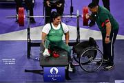 7 September 2024; Britney Arendse of Ireland with coach and father Denver Arendse during the women's 79kg final on day ten of the Paris 2024 Paralympic Games at Porte de la Chapelle Arena in Paris, France. Photo by Harry Murphy/Sportsfile