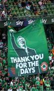 7 September 2024; Republic of Ireland supporters display a flag of Jack Charlton before the UEFA Nations League B Group 2 match between Republic of Ireland and England at Aviva Stadium in Dublin. Photo by Michael P Ryan/Sportsfile