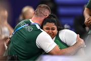 7 September 2024; Britney Arendse of Ireland with coach Tadgh Buckley during the women's 79kg final on day ten of the Paris 2024 Paralympic Games at Porte de la Chapelle Arena in Paris, France. Photo by Harry Murphy/Sportsfile
