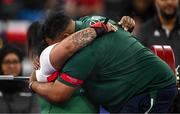7 September 2024; Britney Arendse of Ireland with coach and father Denver Arendse after her third lift in the women's 79kg final on day ten of the Paris 2024 Paralympic Games at Porte de la Chapelle Arena in Paris, France. Photo by Harry Murphy/Sportsfile