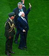 7 September 2024; President of Ireland Michael D Higgins, in the company of FAI President Paul Cooke, waves to the crowd before the UEFA Nations League B Group 2 match between Republic of Ireland and England at Aviva Stadium in Dublin. Photo by Tyler Miller/Sportsfile