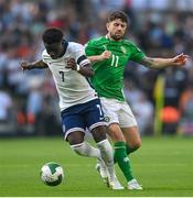 7 September 2024; Bukayo Saka of England in action against Robbie Brady of Republic of Ireland during the UEFA Nations League B match between Republic of Ireland and England at Aviva Stadium in Dublin. Photo by David Fitzgerald/Sportsfile