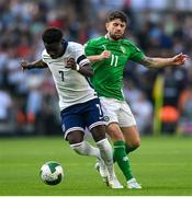 7 September 2024; Bukayo Saka of England in action against Robbie Brady of Republic of Ireland during the UEFA Nations League B match between Republic of Ireland and England at Aviva Stadium in Dublin. Photo by David Fitzgerald/Sportsfile