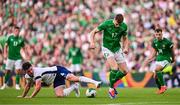 7 September 2024; Declan Rice of England  in action against Jake O'Brien of Republic of Ireland during the UEFA Nations League B Group 2 match between Republic of Ireland and England at Aviva Stadium in Dublin. Photo by Ben McShane/Sportsfile