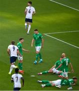 7 September 2024; Declan Rice of England celebrates after scoring his side's first goal during the UEFA Nations League B Group 2 match between Republic of Ireland and England at Aviva Stadium in Dublin. Photo by Michael P Ryan/Sportsfile
