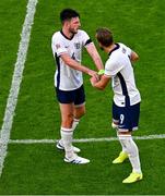 7 September 2024; Declan Rice of England, left, refuses to take the captain's armband from team captain Harry Kane as Kane is substituted during the UEFA Nations League B Group 2 match between Republic of Ireland and England at Aviva Stadium in Dublin. Photo by Tyler Miller/Sportsfile
