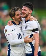 7 September 2024; Jack Grealish, left, and Declan Rice of England celebrate at the final whistle of the UEFA Nations League B Group 2 match between Republic of Ireland and England at Aviva Stadium in Dublin. Photo by Stephen McCarthy/Sportsfile