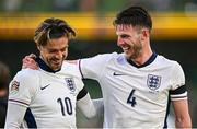 7 September 2024; Jack Grealish, left, and Declan Rice of England celebrate at the final whistle of the UEFA Nations League B Group 2 match between Republic of Ireland and England at the Aviva Stadium in Dublin. Photo by Seb Daly/Sportsfile