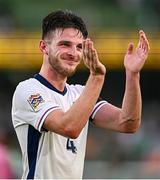 7 September 2024; Declan Rice of England celebrates at the final whistle of the UEFA Nations League B Group 2 match between Republic of Ireland and England at the Aviva Stadium in Dublin. Photo by Seb Daly/Sportsfile