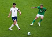 7 September 2024; Declan Rice of England in action against Sammie Szmodics of Republic of Ireland during the UEFA Nations League B Group 2 match between Republic of Ireland and England at Aviva Stadium in Dublin. Photo by Michael P Ryan/Sportsfile