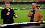 7 September 2024; ITV pundits, former Republic of Ireland captain Roy Keane, left, and former England player Ian Wright after the UEFA Nations League B Group 2 match between Republic of Ireland and England at Aviva Stadium in Dublin. Photo by Stephen McCarthy/Sportsfile