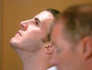 16 August 2004; John O'Shea, Republic of Ireland, during a press conference with his manager Brian Kerr ahead of the friendly International against Bulgaria on Wednesday. Portmarnock Hotel and Golf Links, Portmarnock, Co. Dublin. Picture credit; David Maher / SPORTSFILE