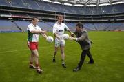 18 August 2004; Liam McGraynor, Chairman of Bray Emmets, right, with senior Inter-county footballers Liam Hassett, Kerry, and Paddy Bradley, Derry, left, at a press conference in Croke Park, Dublin, to announce details of the 2004 MBNA Kick Fada which will take place, on Saturday, September 18th, at Bray Emmets GAA Club, Co Wicklow. Picture credit; Ray McManus / SPORTSFILE