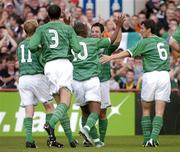 18 August 2004; Andy Reid, second from right, Republic of Ireland, celebrates after scoring his sides first goal with team-mates left to right, Damien Duff, John O'Shea, Clinton Morrison and Roy Keane. International Friendly, Republic of Ireland v Bulgaria, Lansdowne Road, Dublin. Picture credit; David Maher / SPORTSFILE