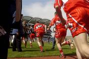 14 August 2004; The Derry players make their way onto the pitch. Bank of Ireland Senior Football Championship Quarter-Final, Westmeath v Derry, Croke Park, Dublin. Picture credit; Damien Eagers / SPORTSFILE
