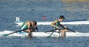 19 August 2004; Dejected Irish Lightweight Double Sculls pair of Sam Lynch, left, and Gearoid Towey after finishing fourth in their semi-final and failing to qualify for the final. Schinias Olympic Rowing Centre. Games of the XXVIII Olympiad, Athens Summer Olympics Games 2004, Athens, Greece. Picture credit; Brendan Moran / SPORTSFILE