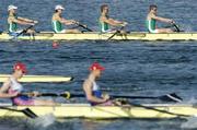 19 August 2004; Ireland's Lightweight Coxless Fours of, from left, Richard Archibald, Eugene Coakley, Niall O'Toole and Paul Griffin lead the Russian team during their semi-final where they finished third and qualified for the final. Schinias Olympic Rowing Centre. Games of the XXVIII Olympiad, Athens Summer Olympics Games 2004, Athens, Greece. Picture credit; Brendan Moran / SPORTSFILE