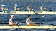 19 August 2004; Ireland's Lightweight Coxless Fours of, from left, Richard Archibald, Eugene Coakley, Niall O'Toole and Paul Griffin lead the Dutch team during their semi-final where they finished third and qualified for the final. Schinias Olympic Rowing Centre. Games of the XXVIII Olympiad, Athens Summer Olympics Games 2004, Athens, Greece. Picture credit; Brendan Moran / SPORTSFILE
