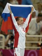19 August 2004; Svetlana Khorkina of Russia acknowledges the crowd's applause after winning the Silver medal in the Women's Individual All Round Final in Artistic Gymnastics. Olympic Indoor Hall. Games of the XXVIII Olympiad, Athens Summer Olympics Games 2004, Athens, Greece. Picture credit; Brendan Moran / SPORTSFILE