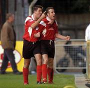 20 August 2004; Shay Zellor, Kildare County, celebrates with team-mate Barry O'Connor, left, after scoring a goal for his side. FAI Carlsberg Cup, Bohemians v Kildare County, Dalymount Park, Dublin. Picture credit; Brian Lawless / SPORTSFILE