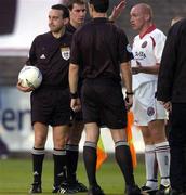 20 August 2004; Glen Crowe, Bohemians, has a word with referee Ian Stokes at half time. FAI Carlsberg Cup, Bohemians v Kildare County, Dalymount Park, Dublin. Picture credit; Brian Lawless / SPORTSFILE