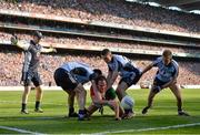 22 September 2013; Alan Dillon, Mayo, in action against Dublin players, from left, Stephen Cluxton, Rory O'Carroll, Darren Daly and Jonny Cooper, Dublin. GAA Football All-Ireland Senior Championship Final, Dublin v Mayo, Croke Park, Dublin. Picture credit: Stephen McCarthy / SPORTSFILE