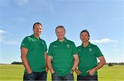 23 September 2013; Ireland managment team, from left, John Plumtree, forwards coach, Joe Schmidt, head coach, and Les Kiss, assistant coach, following a press conference. Ireland Rugby Press Conference, Carton House, Maynooth, Co. Kildare. Picture credit: Stephen McCarthy / SPORTSFILE