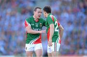 22 September 2013; Mayo's Andy Moran, left, speaks with Jason Doherty during a second half substitution. GAA Football All-Ireland Senior Championship Final, Dublin v Mayo, Croke Park, Dublin. Picture credit: Stephen McCarthy / SPORTSFILE