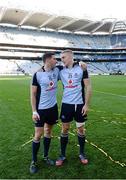 22 September 2013; Bernard Brogan, who scored 2 - 3 for Dublin, relaxes with Eoghan O'Gara, 2 points, on the pitch after the game. GAA Football All-Ireland Senior Championship Final, Dublin v Mayo, Croke Park, Dublin. Picture credit: Ray McManus / SPORTSFILE