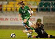 23 September 2013; Claire Shine, Republic of Ireland, is fouled by Dimitra Riga, left, and Anthi Papakonstantinou, Greece and is awarded a penalty. UEFA Women’s U19 First Qualifying Round, Group 2, Republic of Ireland v Greece, Tallaght Stadium, Tallaght, Dublin. Picture credit: Barry Cregg / SPORTSFILE