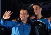23 September 2013; Dublin's Ger Brennan, left, and James McCarthy during the homecoming celebrations of the All-Ireland Senior Football Champions. Merrion Square, Dublin. Picture credit: David Maher / SPORTSFILE