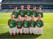22 September 2013; The Mayo team, back row, left to right, Michael Kiely, from Scoil Mhuire N.S. Dungarvan, Waterford, Adam O'Mara, from Kentstown N.S. Kentstown, Meath, Diarmaid De Rœt, from Gaeilscoil Eoghan U’ Thuairisc, Carlow, Liam Jones, from Breaffy N.S. Ballina, Mayo, Diarmuid Mac Thiarnáin, from Drumcong N.S. Drumcong, Leitrim, front row, left to right, Craig Callan, from Scoil Mhuire na mBuachaill’, Castleblayney, Monaghan, Enda Downey, from St. Brigid's Mayogall, Magherafelt, Derry, Darren Meares, from Ballyforan N.S. Ballinasloe, Roscommon, David Maloney, from St. Cronan's Boys N.S. Bray, Wicklow, Jarlath Jones, from Harestown N.S. Drogheda, Louth. INTO/RESPECT Exhibition GoGames during the GAA Football All-Ireland Senior Championship Final between Dublin and Mayo, Croke Park, Dublin. Picture credit: Dáire Brennan / SPORTSFILE
