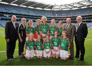 22 September 2013; Uachtarán Chumann Lœthchleas Gael Liam î NŽill, left, INTO President Breandán î Suilleabháin, President of the Ladies Gaelic Football Association Pat Quill, with the Mayo team, back row, left to right, Chloe Miskell, from Clonberne Central School, Ballinasloe, Galway, Sarah Cusack, from Ballyvary N.S. Castlebar, Mayo, Isobel Monaghan, from Scoil Bhr’de, Kilcullen, Kildare, Niamh Meehan, from St. Joseph's P.S. Belfast, Antrim, Sarah Kehoe, from Durrow N.S. Tullamore, Offaly, front row, left to right, Aine O'Reilly, from Gaelscoil an Inbhir Mh—ir, Arklow, Wicklow, Arlene Furey, from St. Columbanus P.S. Belcoo, Fermanagh, Angela Loughran, from St. Mary's P.S. Craigavon, Armagh, Erone Fitzpatrick, from The Heath N.S. Portlaoise, Laois, Kate Maher, from Kilcummin N.S. Killarney, Kerry. INTO/RESPECT Exhibition GoGames during the GAA Football All-Ireland Senior Championship Final between Dublin and Mayo, Croke Park, Dublin. Picture credit: Dáire Brennan / SPORTSFILE