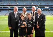 22 September 2013; Uachtarán Chumann Lœthchleas Gael Liam î NŽill, left, President of the Ladies Gaelic Football Association Pat Quill, INTO President Breandán î Suilleabháin, Croke Park Stadium announcer, and Principal of Holy Trinity N.S., Donaghmede, Co. Dublin, with his two pupils, referees Patrick Bridgeman and Moya Lee. INTO/RESPECT Exhibition GoGames during the GAA Football All-Ireland Senior Championship Final between Dublin and Mayo, Croke Park, Dublin. Picture credit: Dáire Brennan / SPORTSFILE