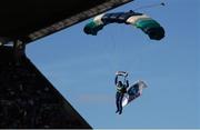 22 September 2013; A member of the Irish Parachute Club arrives into Croke Park with the match ball ahead of the game. GAA Football All-Ireland Senior Championship Final, Dublin v Mayo, Croke Park, Dublin. Picture credit: Ray McManus / SPORTSFILE