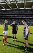 22 September 2013; Match referee Joe McQuillan tosses the coin between team captains Andy Moran, Mayo, left, and Stephen Cluxton, Dublin, before the game. GAA Football All-Ireland Senior Championship Final, Dublin v Mayo, Croke Park, Dublin. Picture credit: Ray McManus / SPORTSFILE