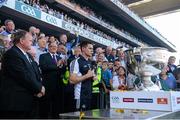 22 September 2013; Dublin captain Stephen Cluxton during his post match speech before lifting the Sam Maguire cup while Uachtarán Chumann Lúthchleas Gael Liam O Neill, left, looks on. GAA Football All-Ireland Senior Championship Final, Dublin v Mayo, Croke Park, Dublin. Picture credit: Ray McManus / SPORTSFILE