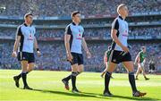 22 September 2013; The Dublin full forward line of, from left, Bernard Brogan, Paddy Andrews and Paul Mannion during the pre-match parade. GAA Football All-Ireland Senior Championship Final, Dublin v Mayo, Croke Park, Dublin. Picture credit: Brendan Moran / SPORTSFILE