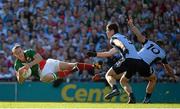 22 September 2013; Andy Moran, Mayo, is tackled by Rory O'Carroll and Paul Flynn, right, Dublin. GAA Football All-Ireland Senior Championship Final, Dublin v Mayo, Croke Park, Dublin. Picture credit: Ray McManus / SPORTSFILE