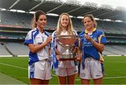 24 September 2013; The TG4 Ladies Football Finalist’s captains met ahead of the 40th Ladies Football Championship Finals. Pictured are, from left, Cavan's Roisin O'Keeffe, captain Donna English, and Tipperary's Ann O'Dwyer. Offaly meet Wexford in the Junior Final, Cavan take on Tipperary in the Intermediate Final and Monaghan meet defending champions Cork in the Senior Final. The LGFA and the Irish Cancer Society will also combine to set the World Record for most people wearing Bandanas in One Place’ at half time in the senior match with all profits from the sale of bandanas going straight to the Irish Cancer Society. Croke Park, Dublin. Photo by Sportsfile