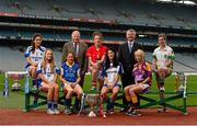 24 September 2013; The TG4 Ladies Football Finalist’s captains met ahead of the 40th Ladies Football Championship Finals. Pictured are, Pat Quill, President, Ladies Gaelic Football Association and Pól O Gallchóir, Ceannsaí, TG4, with, from left, Cavan's Roisin O'Keeffe, Cavan captain Donna English, Tipperary captain Ann O'Dwyer, Cork's Ciara O'Sullivan, Monaghan captain Therese McNally, Wexford captain Kellie Kearney and Offaly captain Siobhan Flannery. Offaly meet Wexford in the Junior Final, Cavan take on Tipperary in the Intermediate Final and Monaghan meet defending champions Cork in the Senior Final. The LGFA and the Irish Cancer Society will also combine to set the World Record for most people wearing Bandanas in One Place’ at half time in the senior match with all profits from the sale of bandanas going straight to the Irish Cancer Society. Croke Park, Dublin. Photo by Sportsfile