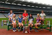 24 September 2013; The TG4 Ladies Football Finalist’s captains met ahead of the 40th Ladies Football Championship Finals. Pictured are, from left, Cavan's Roisin O'Keeffe, Cavan captain Donna English, Tipperary captain Ann O'Dwyer, Cork's Ciara O'Sullivan, Monaghan captain Therese McNally, Wexford captain Kellie Kearney and Offaly captain Siobhan Flannery. Offaly meet Wexford in the Junior Final, Cavan take on Tipperary in the Intermediate Final and Monaghan meet defending champions Cork in the Senior Final. The LGFA and the Irish Cancer Society will also combine to set the World Record for most people wearing Bandanas in One Place’ at half time in the senior match with all profits from the sale of bandanas going straight to the Irish Cancer Society. Croke Park, Dublin. Photo by Sportsfile
