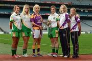 24 September 2013; The TG4 Ladies Football Finalist’s captains met ahead of the 40th Ladies Football Championship Finals. Pictured are from left, Offaly players Amy Kerrigan and Christine McDonnell, Wexford captain Kellie Kearney, Offaly captain Siobhan Flannery, Wexford players Mary Rose Kelly and Linda Casey. Offaly meet Wexford in the Junior Final, Cavan take on Tipperary in the Intermediate Final and Monaghan meet defending champions Cork in the Senior Final. The LGFA and the Irish Cancer Society will also combine to set the World Record for most people wearing Bandanas in One Place’ at half time in the senior match with all profits from the sale of bandanas going straight to the Irish Cancer Society. Croke Park, Dublin. Photo by Sportsfile