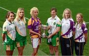 24 September 2013; The TG4 Ladies Football Finalist’s captains met ahead of the 40th Ladies Football Championship Finals. Pictured are from left, Offaly players Amy Kerrigan and Christine McDonnell, Wexford captain Kellie Kearney, Offaly captain Siobhan Flannery, Wexford players Mary Rose Kelly, and Amy Kerrigan. Offaly meet Wexford in the Junior Final, Cavan take on Tipperary in the Intermediate Final and Monaghan meet defending champions Cork in the Senior Final. The LGFA and the Irish Cancer Society will also combine to set the World Record for most people wearing Bandanas in One Place’ at half time in the senior match with all profits from the sale of bandanas going straight to the Irish Cancer Society. Croke Park, Dublin. Photo by Sportsfile